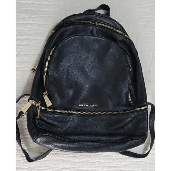 Michael Kors Black Leather Backpack Gold Hardware Adjustable Bag Purse - Picture 1 of 7
